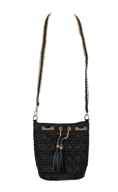 Black and Gold Chain Link Quilted Crossover Leatherette Tote Bag